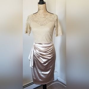 NEW WITH TAGS AND GORGEOUS! MONDSCHEIN GOLD SATIN AND BEIGE LACE COCKTAIL DRESS
